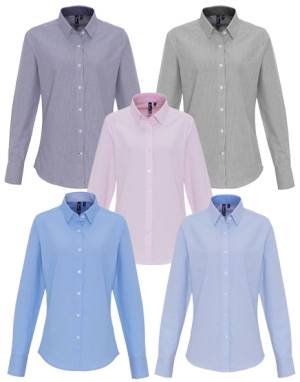 Oxford Bluse -PREMIER PR338- Streifen, Langarm, Button-Under-Kragen, Easy Care