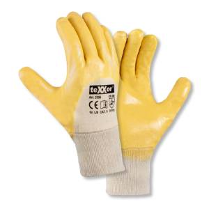 BAUMWOLL-TRIKOT-HANDSCHUH MIT NITRIL-BESCHICHTUNG -TEXXOR YELLOW-STAR 2356- Strickbund, Abnahme 72 / 144 Paar je Größe